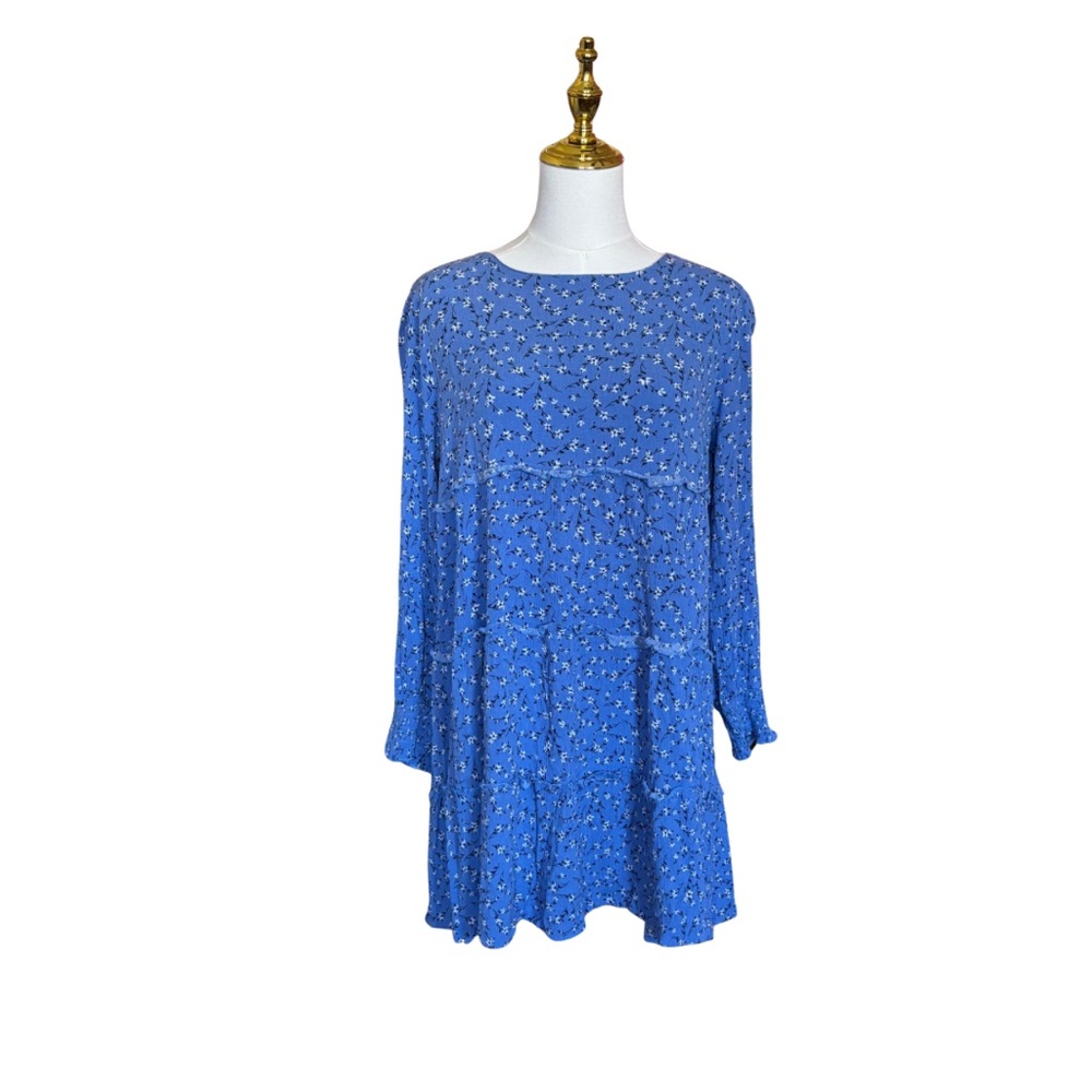 Blue Floral Ruffle Long Sleeve Dress
